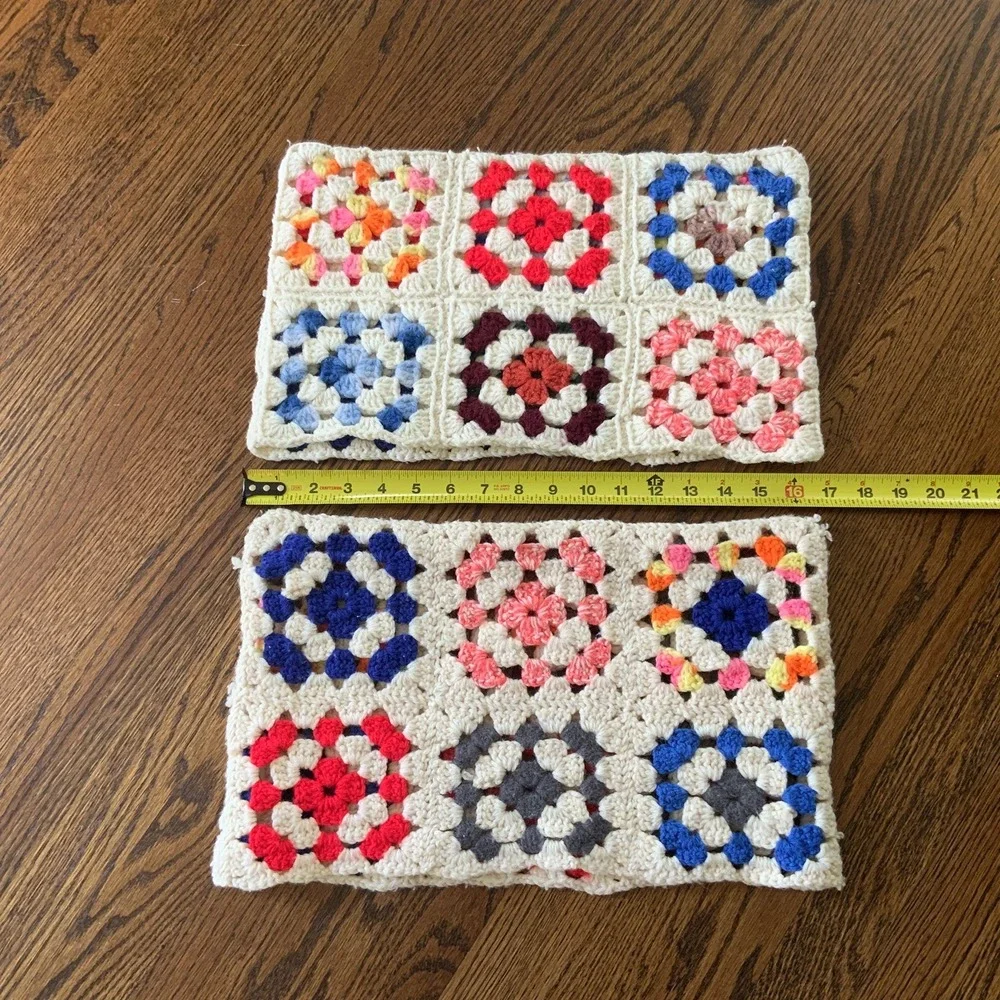 VTG Pair Hand Made Crochet Colorful Granny Square Pillow Covers READ